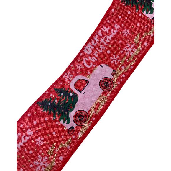 9 Feet 2” Red Farm Truck Wired Winter Christmas Ribbon Country Decor and Crafts - Picture 2 of 3